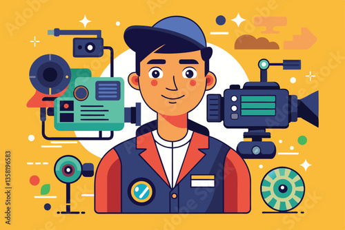 A young videographer adjusts his equipment while showcasing vibrant film gear in a lively environment, Videographer Customizable Disproportionate Illustration