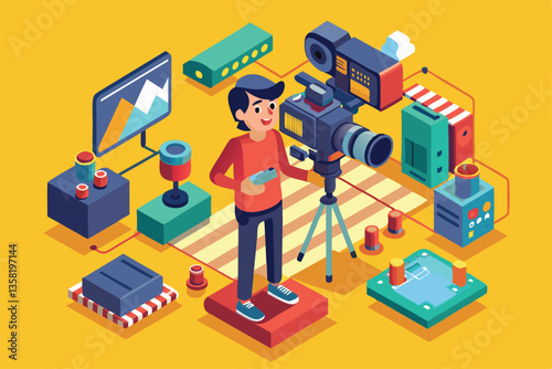 A videographer is operating a camera in a vibrant workspace filled with various equipment and tools, Videographer Customizable Isometric Illustration
