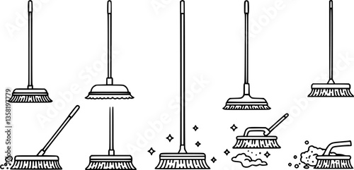 set of Simple mop icon with a long handle and cleaning bristles.
