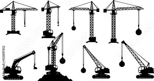 set of Wrecking crane icon with a demolition ball.
