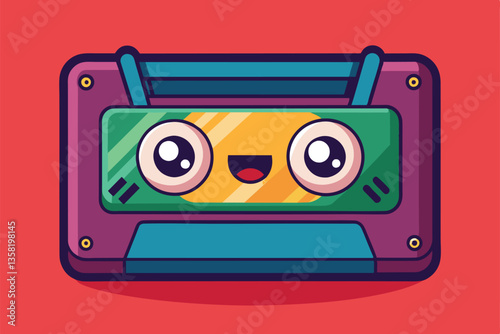 A colorful cartoon videotape features expressive eyes and a smiling face, offering a playful vibe, Videotape Customizable Cartoon Illustration