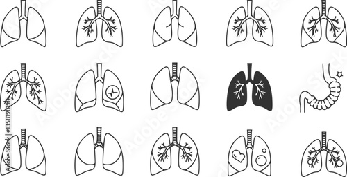 set of Minimalist lungs icons, showing various medical and respiratory concept designs in outline style. Vector illustration.

