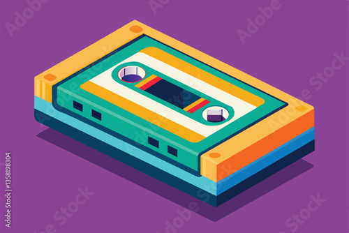 A vibrant isometric design showcases a customizable cassette tape resting on a bright purple surface, Videotape Customizable Isometric Illustration