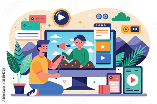 A user creates a unique tutorial on a computer, featuring interactive visuals and vibrant graphics, Video tutorial Customizable Disproportionate Illustration