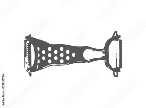 A detailed vector illustration of a vegetable peeler with a serrated blade and additional grating features.