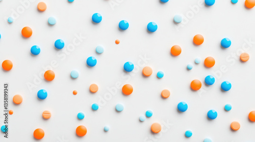 Scattered colorful pills on white background for healthcare design
