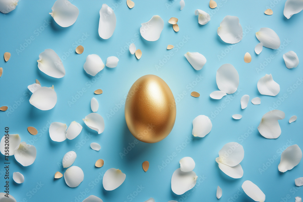 golden easter egg surrounded by white petals on blue background golden easter egg surrounded by white petals on blue background