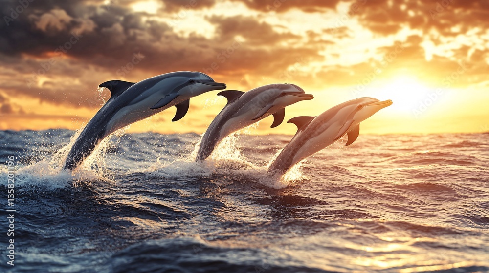 Fototapeta premium Joyful Dolphins Leaping Gracefully Through Waves at Sunrise