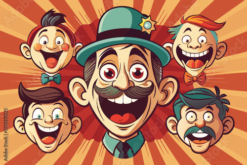 Five vintage characters display joyful and funny expressions in a vibrant retro setting, Vintage funny faces with emotions of joy, fun, surprise or cunning,