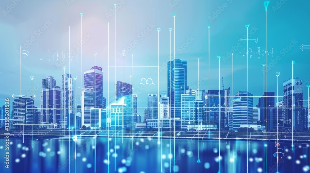 Modern city skyline with digital lines overlaid, futuristic architecture in blue Modern city skyline with digital lines overlaid, futuristic architecture in blue