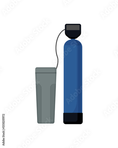 Vector illustration of a blue water filtration system. The system includes a filter housing and a tank, designed for home water treatment.