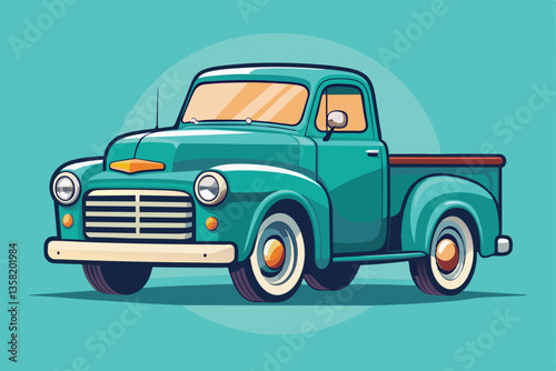 A stylized vintage truck features bright colors and showcases its customizable details in a flat illustration format, Vintage truck Customizable Flat Illustration
