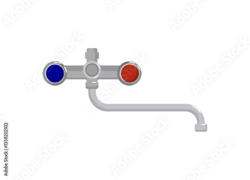 Vector illustration of a metal faucet with blue and red color indicators. The faucet is designed for controlling hot and cold water flow.