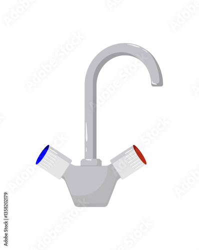 Vector illustration of a gray faucet with blue and red color handles. The faucet is designed for controlling hot and cold water.
