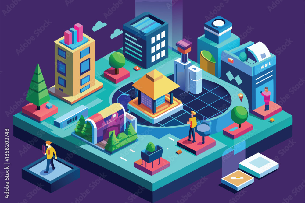 A colorful isometric landscape features customizable buildings, trees, and characters in a virtual reality space, Virtual reality Customizable Isometric Illustration A colorful isometric landscape features customizable buildings, trees, and characters in a virtual reality space, Virtual reality Customizable Isometric Illustration