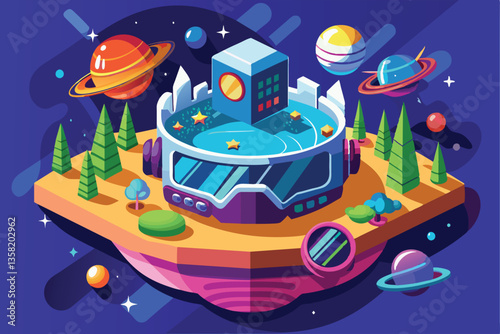 Explore a colorful virtual reality environment with planets, a unique structure, and lush greenery, Virtual reality Customizable Semi Flat Illustration