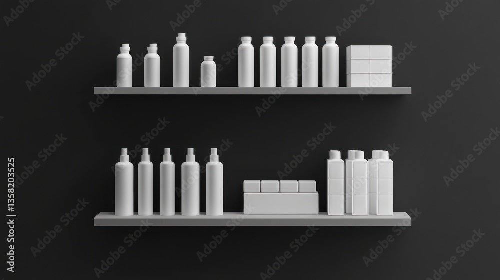 3D render of shelves with white bottles and cartons on a black background, front view, 2D illustration 3D render of shelves with white bottles and cartons on a black background, front view, 2D illustration