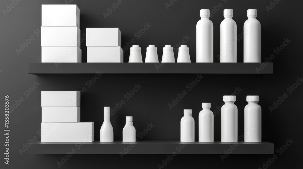 3D render of shelves with white bottles and cartons on a black background, front view, 2D illustration 3D render of shelves with white bottles and cartons on a black background, front view, 2D illustration