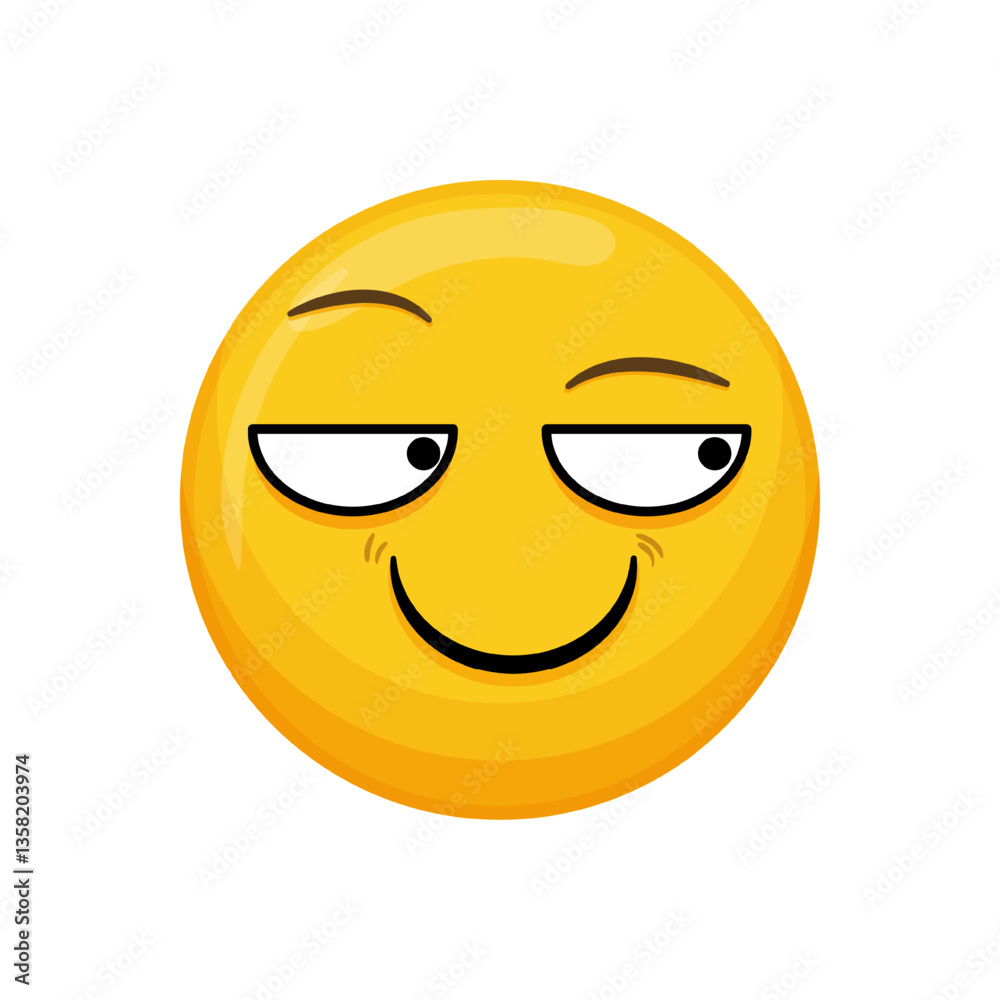 Fototapeta premium Vector illustration of a yellow emoticon with a smirking expression, a closed smile and raised eyebrows.
