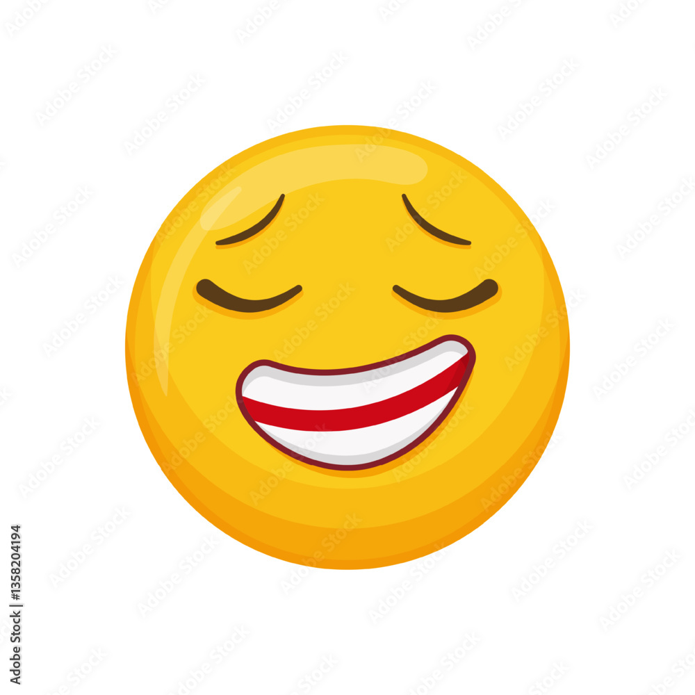 Fototapeta premium Vector illustration of a yellow emoticon with a relieved expression, closed eyes and a smiling mouth.