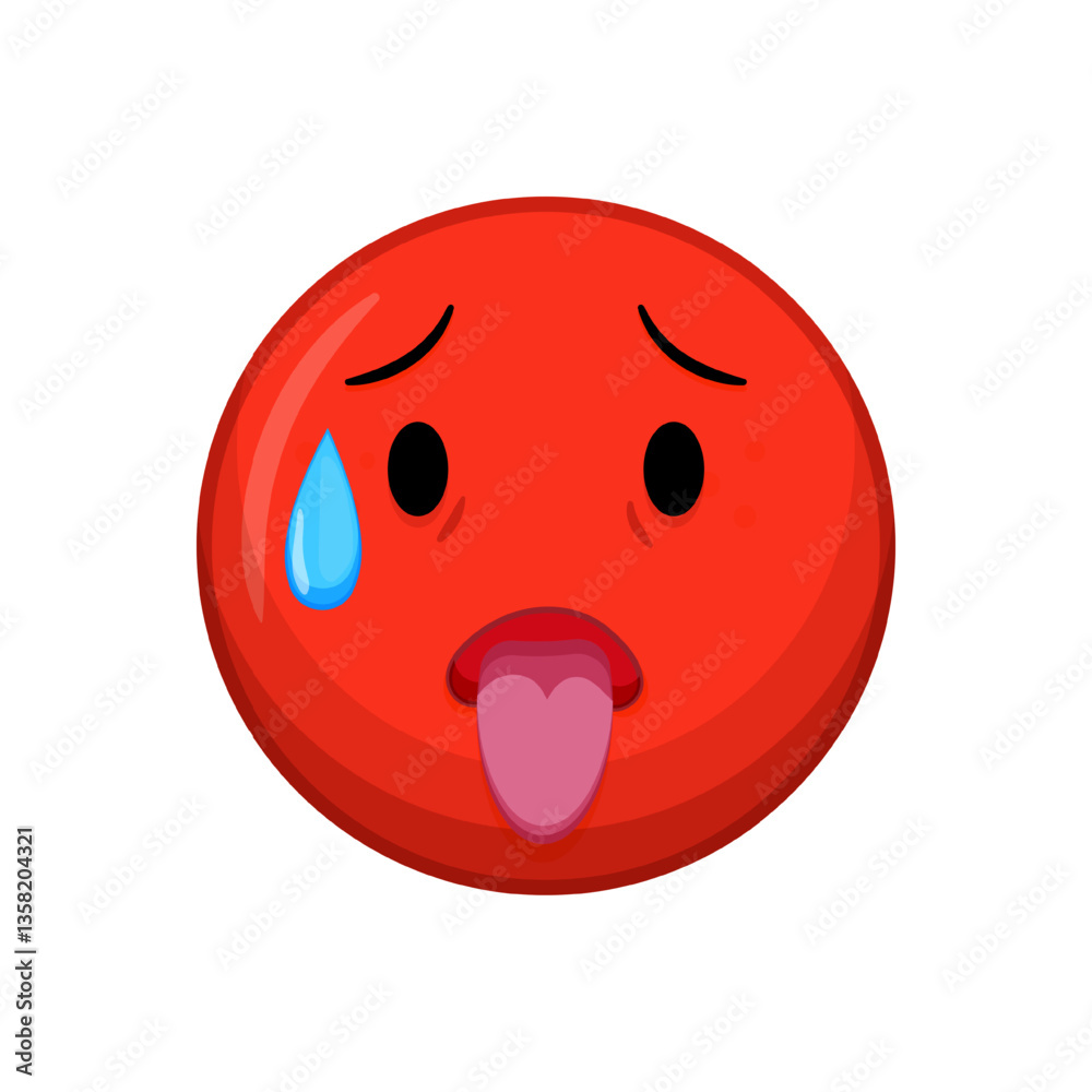 Obraz premium Vector illustration of a red emoticon with a hot expression, sweat drop and tongue out.