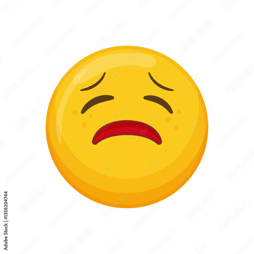 Fototapeta premium Vector illustration of a yellow emoticon with a worried expression and downturned mouth.