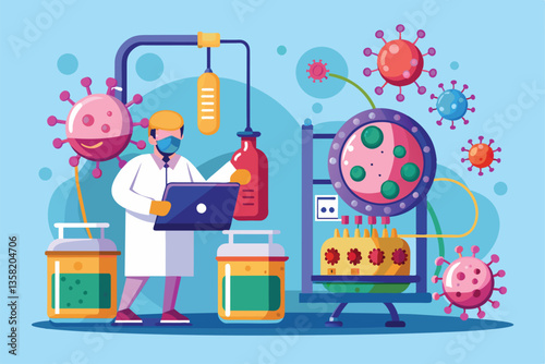 A lab technician analyzes virus disinfection methods with colorful equipment and virus representations, Virus disinfection Customizable Semi Flat Illustration