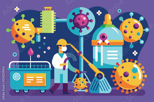 A worker utilizes specialized tools to disinfect viruses in a vibrant, colorful illustration depicting safety, Virus disinfection Customizable Semi Flat Illustration