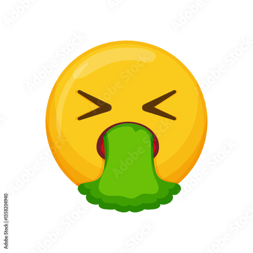 Vector illustration of a yellow emoticon with a vomiting expression and green vomit.