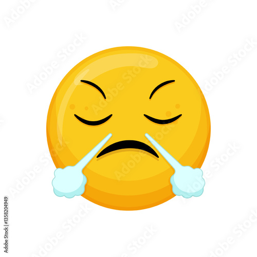Vector illustration of a yellow emoticon with a sneezing expression, closed eyes and blowing nose.