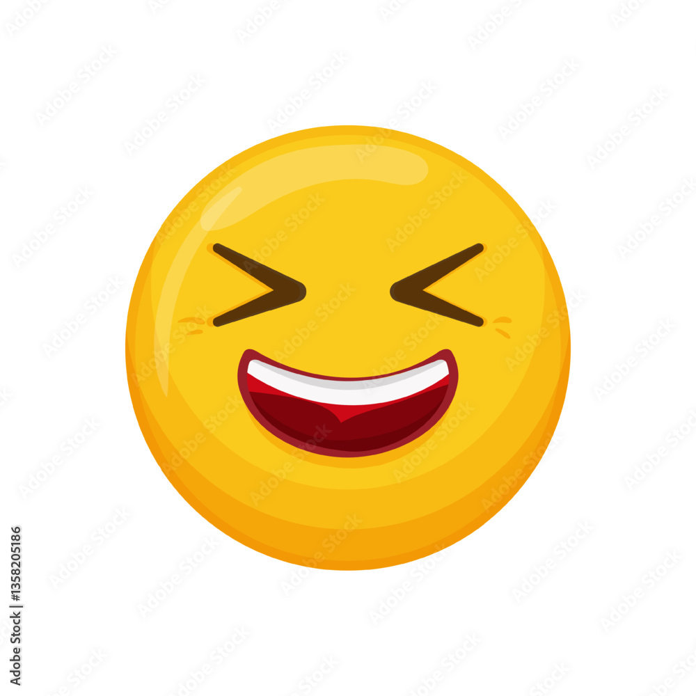 Fototapeta premium Vector illustration of a yellow emoticon with a laughing expression and angled eyes.