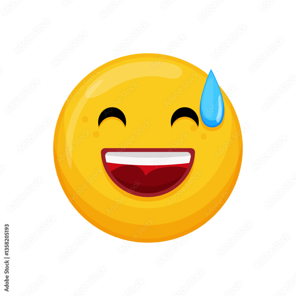 Vector illustration of a yellow emoticon with a laughing expression and a sweat drop. Vector illustration of a yellow emoticon with a laughing expression and a sweat drop.