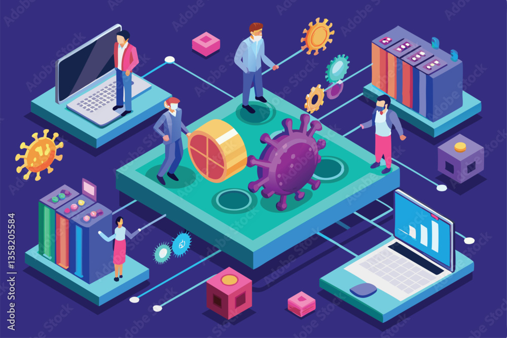 A detailed isometric representation showcasing virus transmission concepts with various digital elements, Virus transmission Customizable Isometric Illustration A detailed isometric representation showcasing virus transmission concepts with various digital elements, Virus transmission Customizable Isometric Illustration