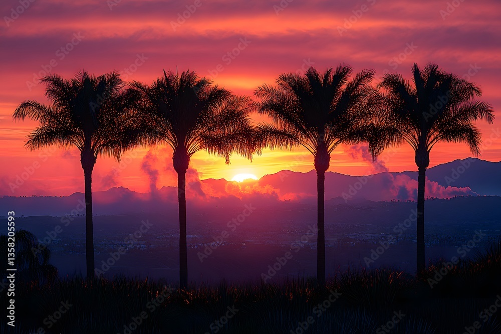 Obraz premium Iconic palm trees silhouetted against an orange sunset with smoke rising from the hills,