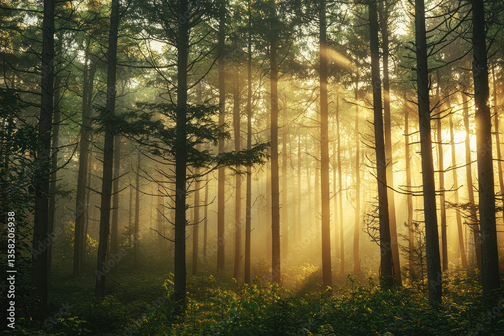 A serene forest scene with sunlight streaming through tall trees, creating misty and tranquil atmosphere in lush greenery A serene forest scene with sunlight streaming through tall trees, creating misty and tranquil atmosphere in lush greenery