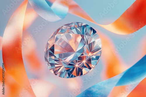 Sparkling diamond surrounded by colorful ribbons against a blue background  