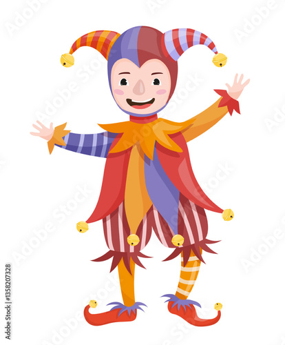 Vector illustration of a jester with bells, featuring a colorful character with a playful costume. The scene captures a fairytale character.