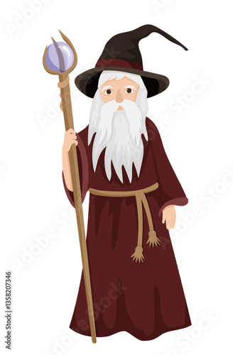 Vector illustration of a wizard with a staff, featuring a bearded character with a pointed hat. The scene captures a fairytale character.