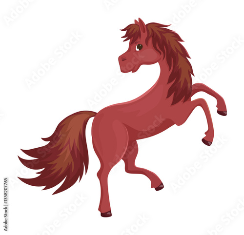 Vector illustration of a horse with a red mane, featuring a brown character in a dynamic pose. The scene captures a fairytale animal.