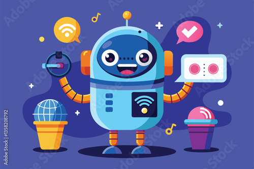 A friendly cartoon voice assistant interacts with users, showcasing various customizable features, Voice assistant Customizable Cartoon Illustration