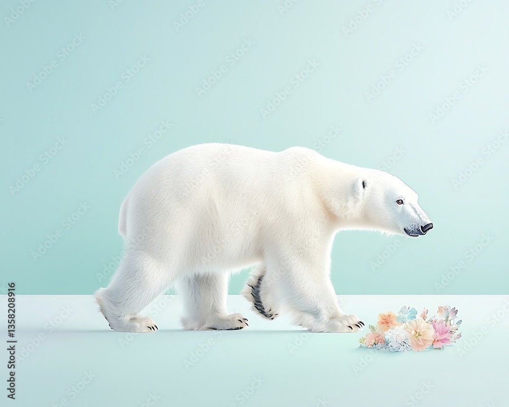 Fototapeta premium Polar bear walks towards flowers for pastel background.