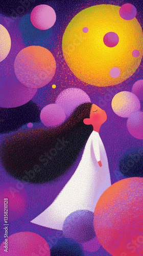 Whimsical Girl with Colorful Spheres