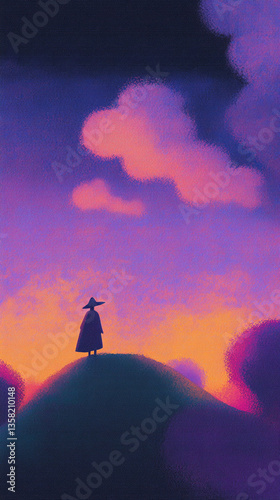 Silhouette on Hill with Vibrant Sky