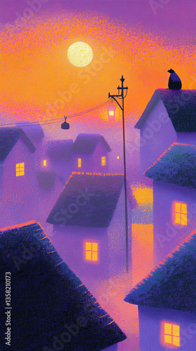 Whimsical Village at Sunset with Cat on Rooftop