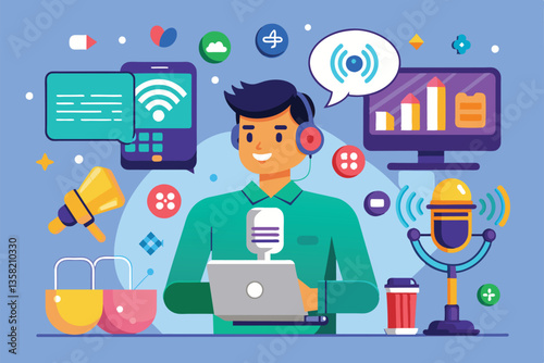 A person interacts with voice control features while managing smart home devices from a laptop, Voice control Customizable Flat Illustration