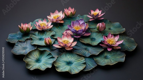 Pink and Purple Lotus Flower Arrangement on Teal Leaves