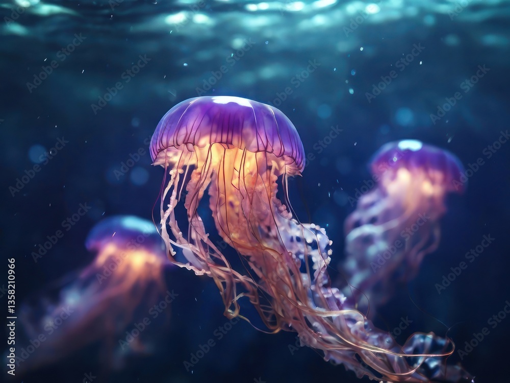 Naklejka premium Glowing Jellyfish Underwater Ocean.