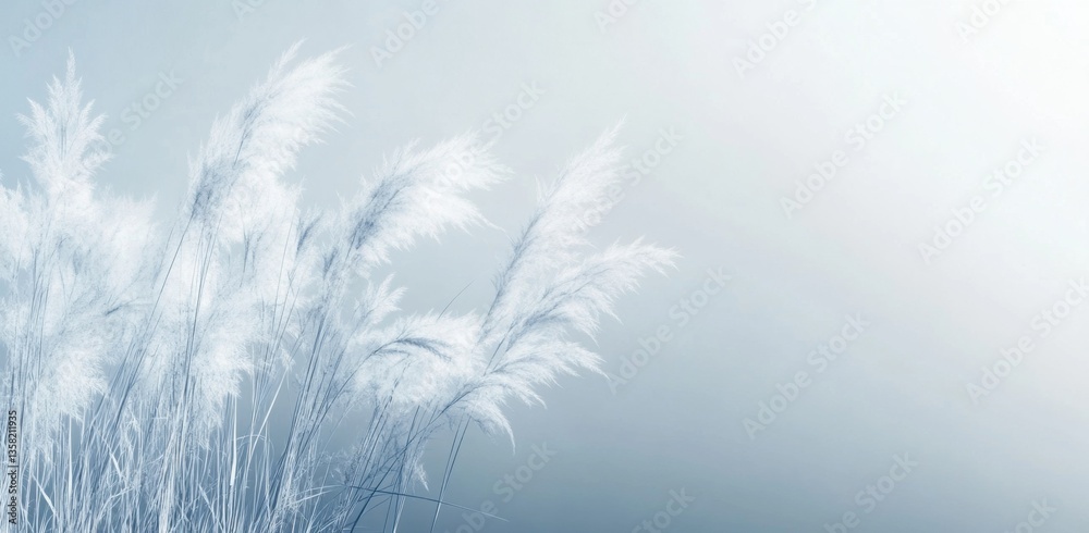 Obraz premium Abstract white vertical airbrush of fluffy tall grasses on a light blue background, minimalist, textured, high resolution