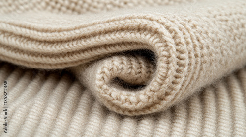 soft beige wool fragment with intricate textures conveys warmth and comfort The pure white fibers symbolize purity and relaxation evoking a sense of coziness and modern textile elegance