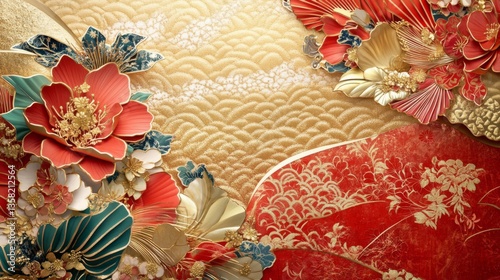Red and Gold Paper Flowers on a Golden Wave Pattern Background